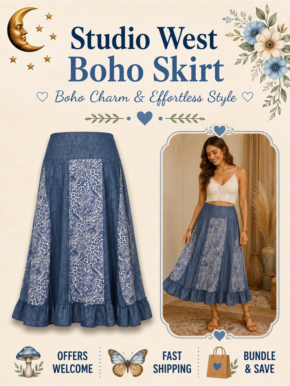Studio West Denim Look Midi Skirt Elastic Waist Ruffle Hem Size Large